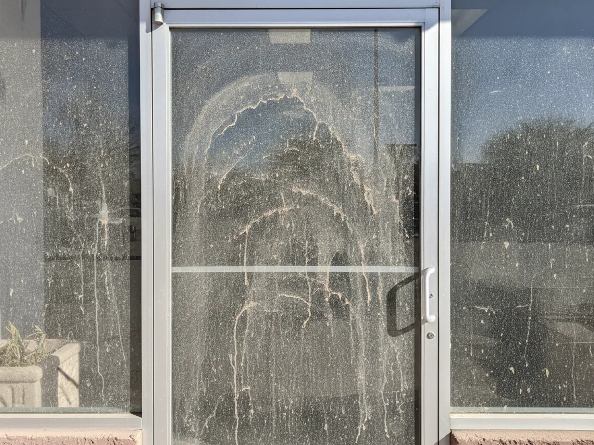 Before: Grime-covered storefront glass